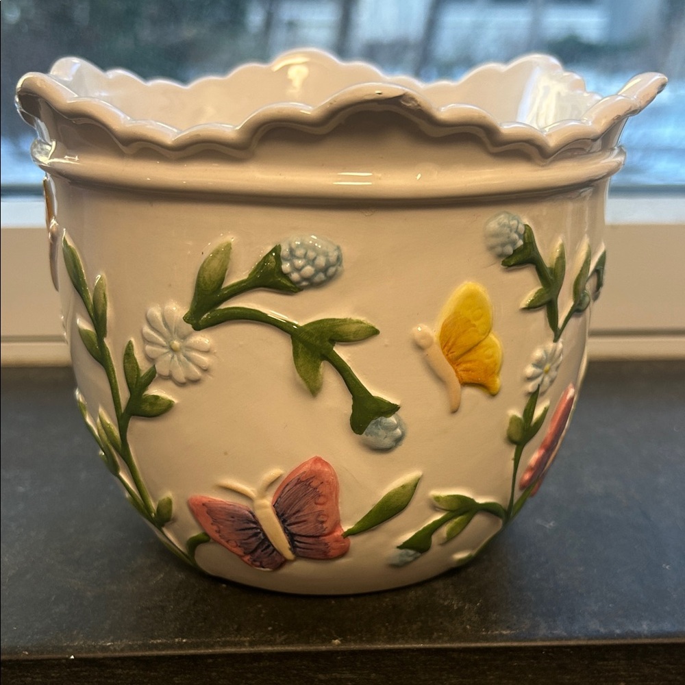 Colorful Ceramic Planter with Butterflies and Flowers